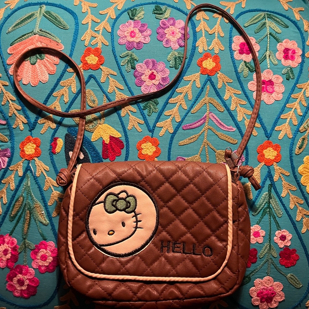 Hello Kitty Brown Quilted Crossbody Bag with Embroidered Design